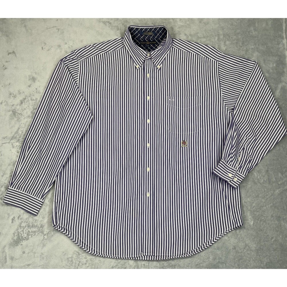 Tommy Hilfiger Men's Long Sleeve Blue And White Striped XL Shirt 100% Cotton